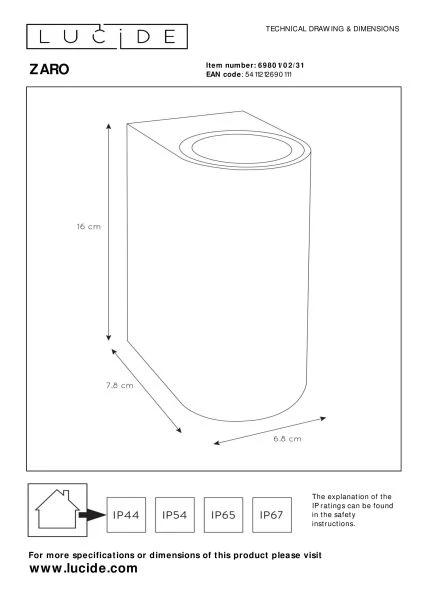 Lucide ZARO - Spot mural / Applique mural Intérieur/Extérieur - 2xGU10 - IP44 - Blanc - technique